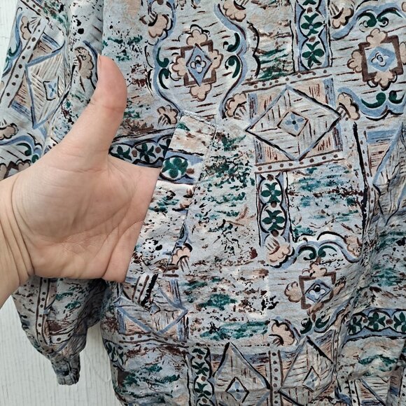 Vintage 1980s Retro Nylon Windbreaker Jacket Large Abstract Print Grey Blue - Picture 7 of 9